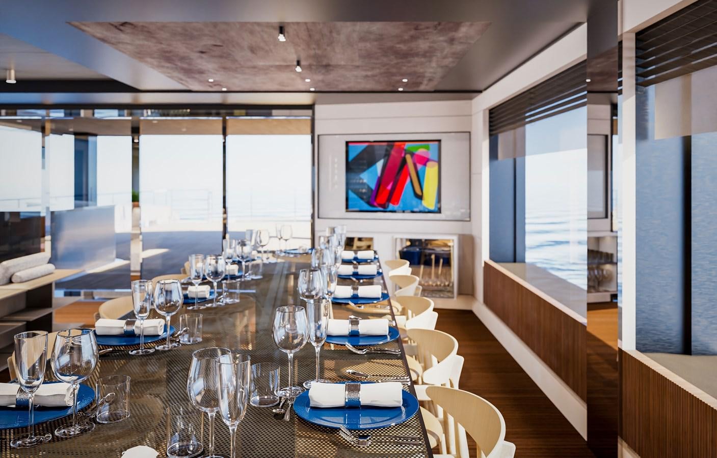 a large room with tables and chairs aboard PICCOLO Yacht for Sale