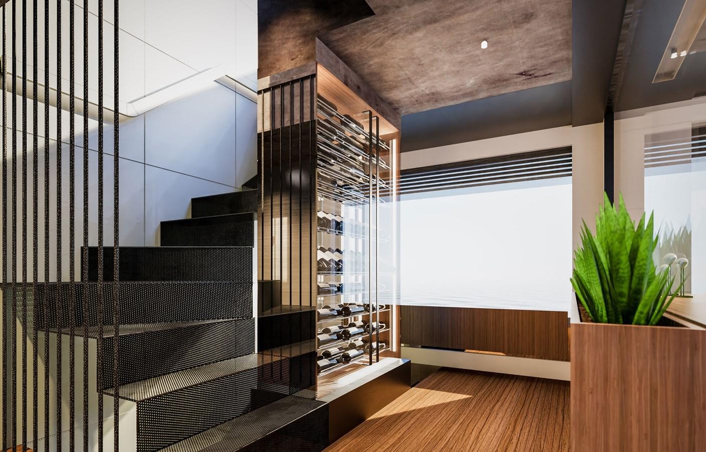 a room with a staircase and a plant in it aboard PICCOLO Yacht for Sale