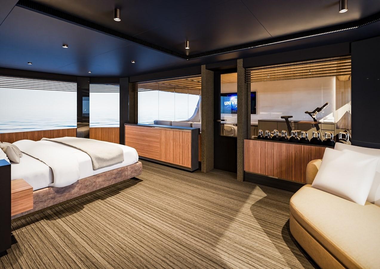 a bedroom with a large bed aboard PICCOLO Yacht for Sale