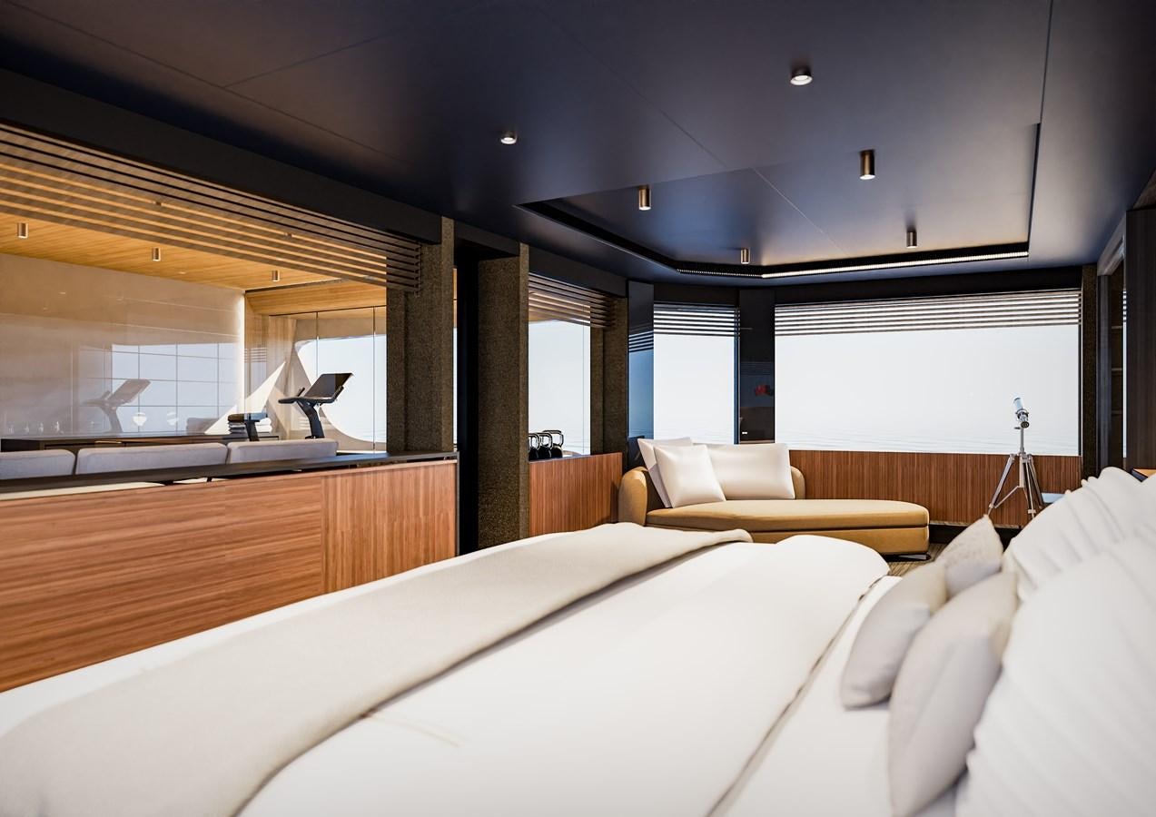 a room with a bed and a couch aboard PICCOLO Yacht for Sale