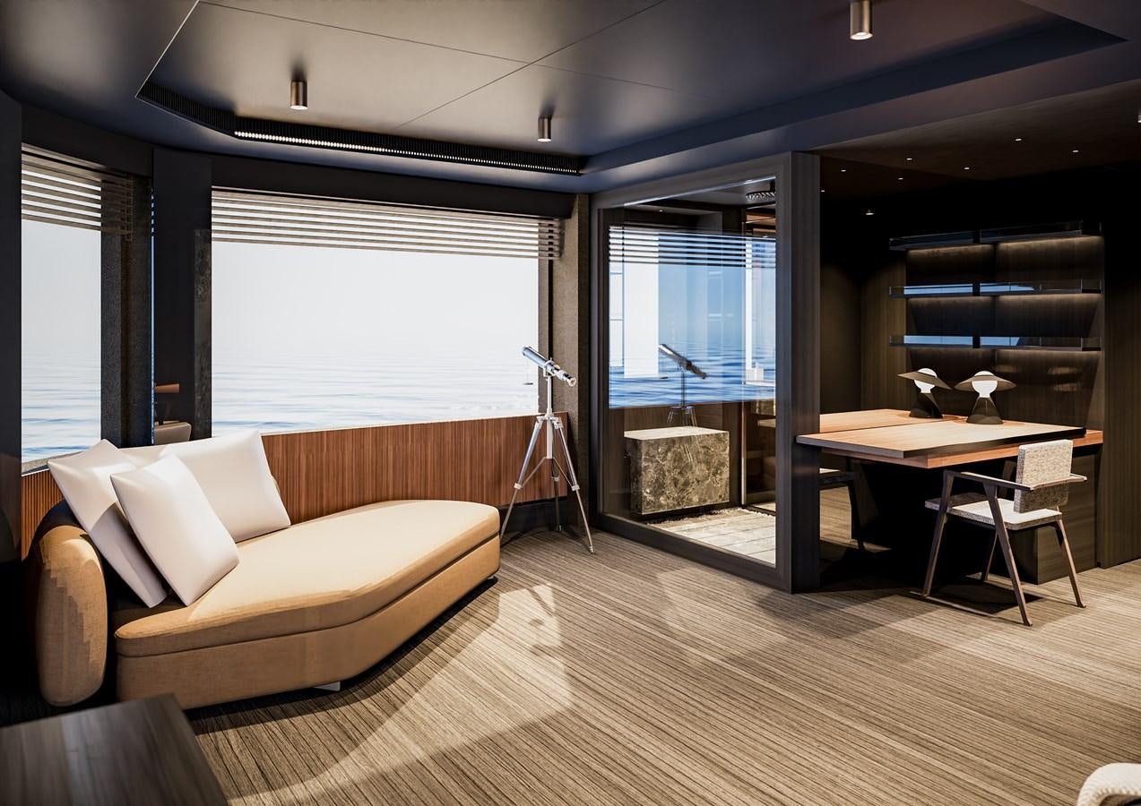a living room with a couch and a table aboard PICCOLO Yacht for Sale