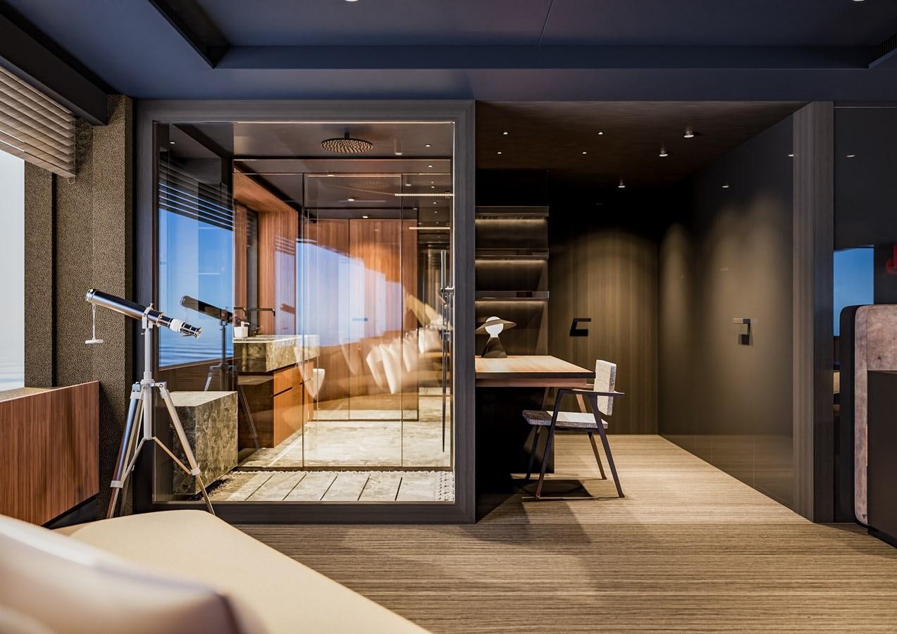 a room with a glass door aboard PICCOLO Yacht for Sale