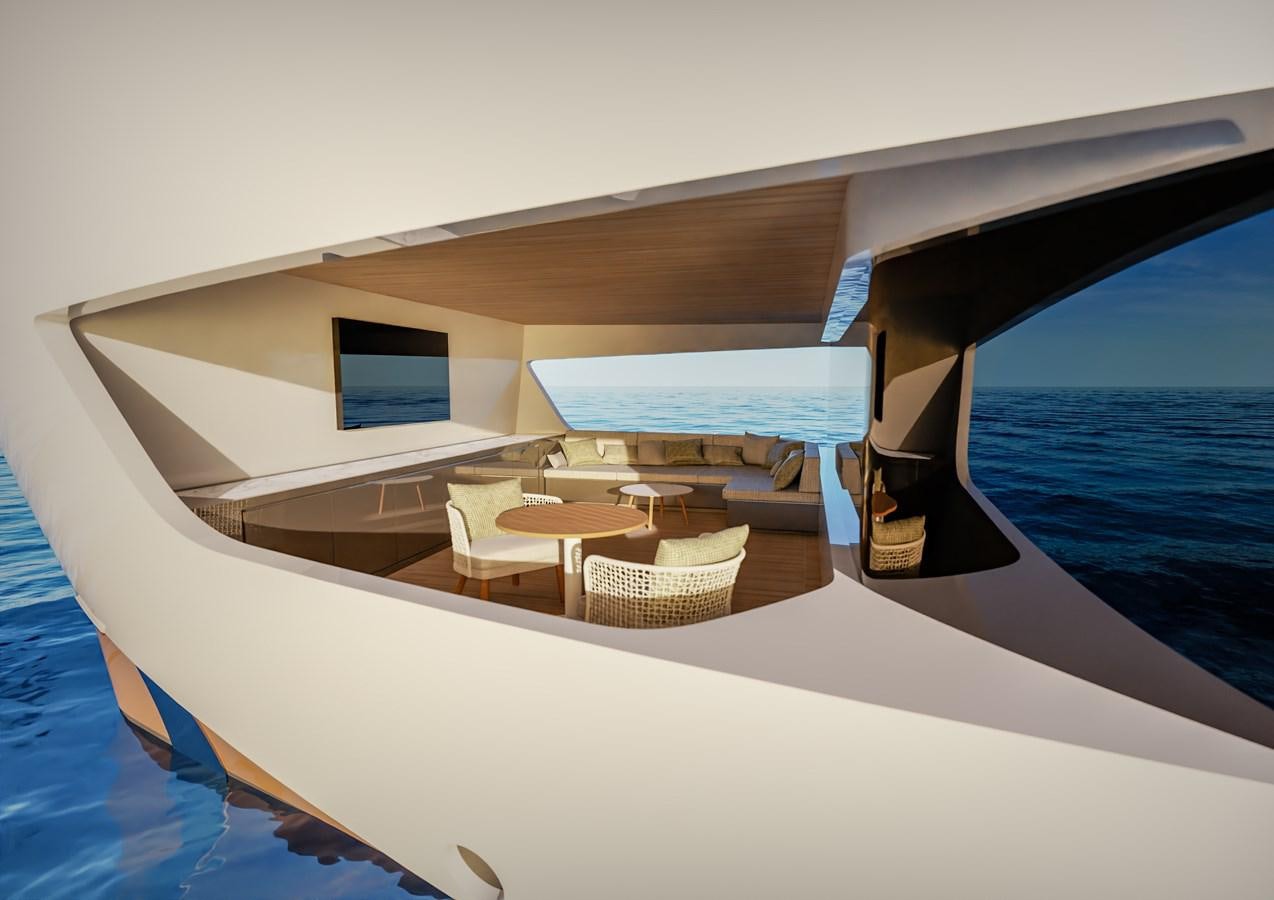 a room with a large bed and chairs on it aboard PICCOLO Yacht for Sale