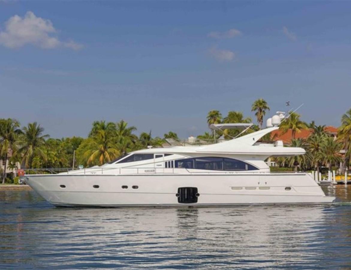 a white yacht on the water aboard SEDROP - 2006 FERRETTI 731 @ PTO. AVENTURAS Yacht for Sale