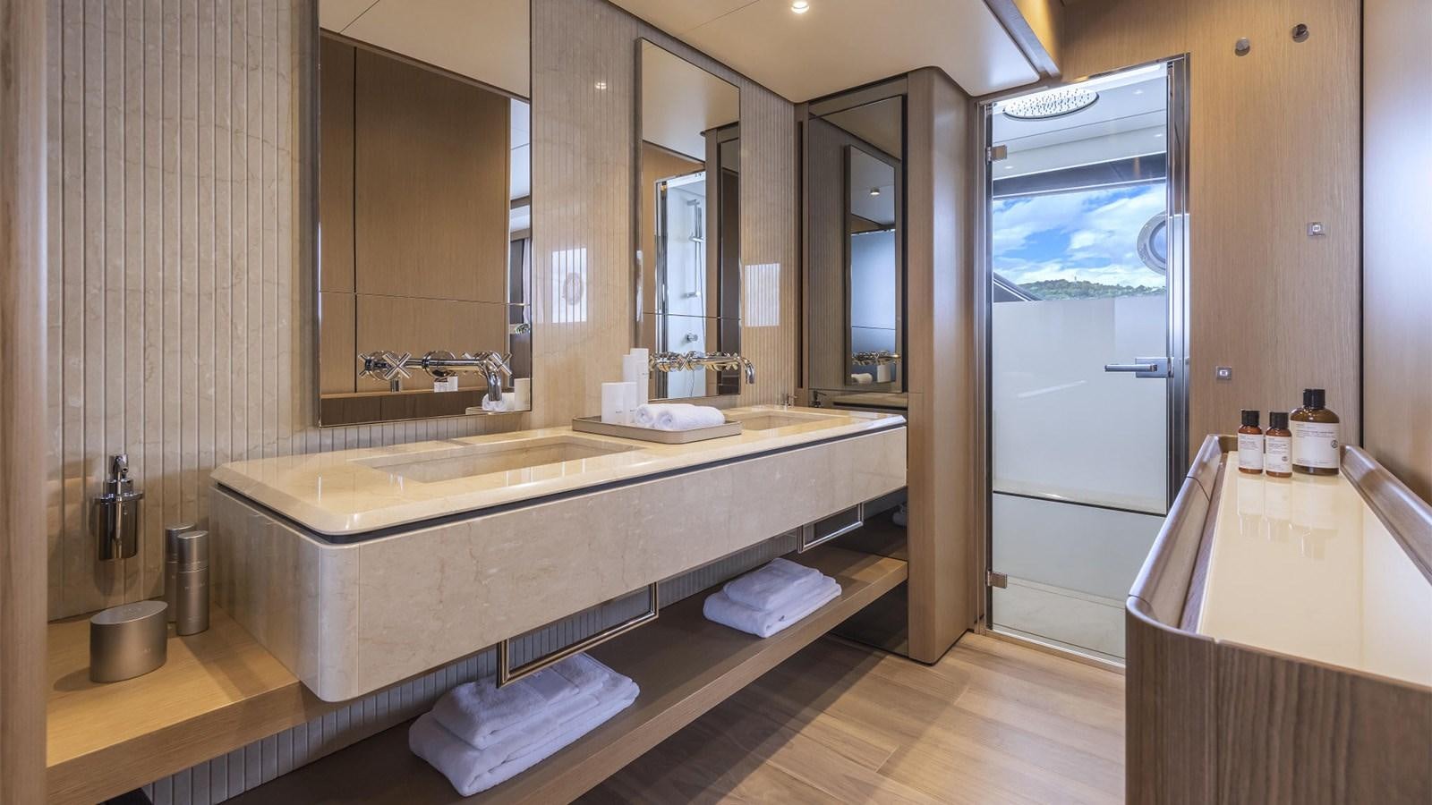 a bathroom with a large countertop aboard FERRETTI 1000 Yacht for Sale