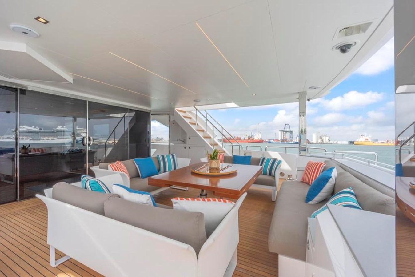 a room with a view of the ocean and the deck aboard BELLA TU Yacht for Sale