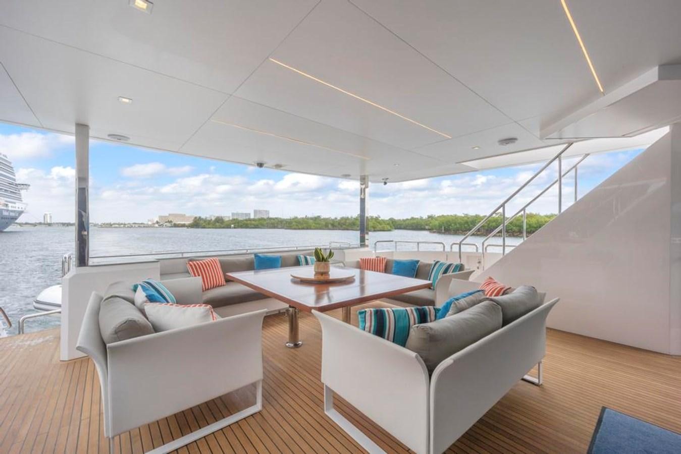 a room with a table and chairs aboard BELLA TU Yacht for Sale