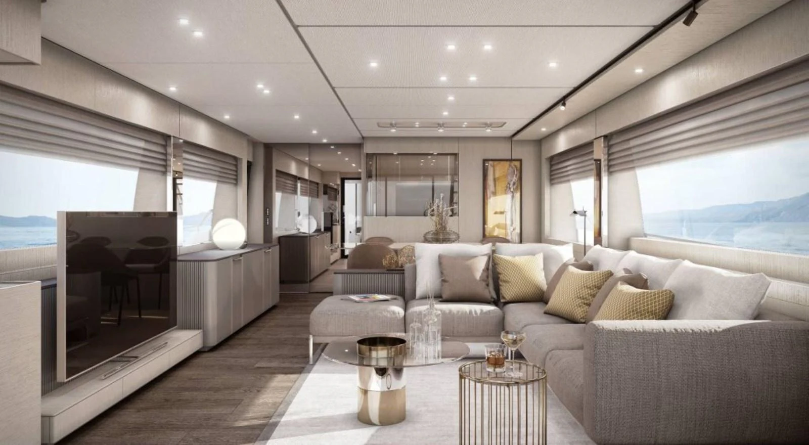 a living room with a large window aboard 5 PALMS Yacht for Sale