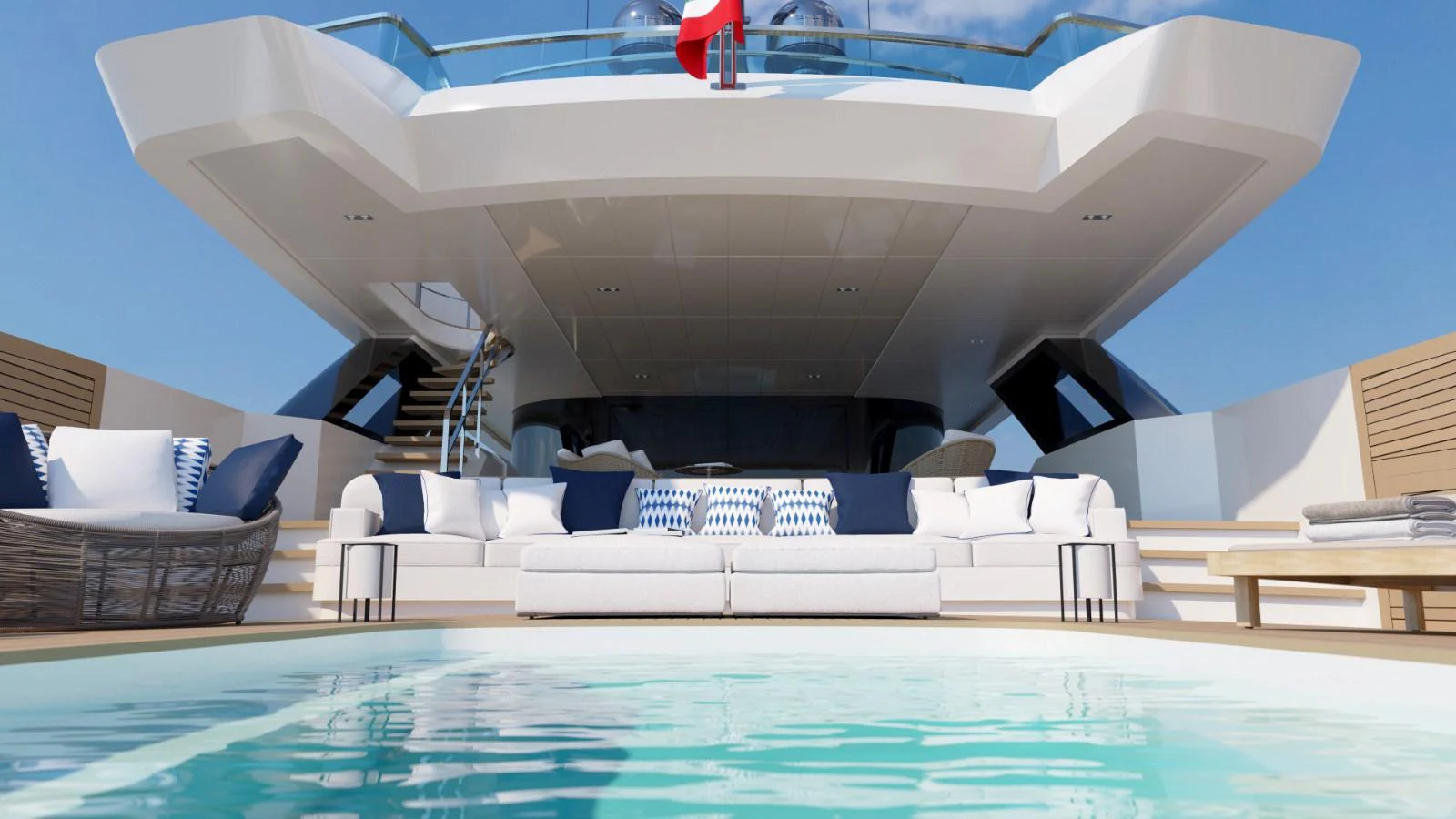 a large white yacht in a large room with a pool aboard LEGASEA Yacht for Sale
