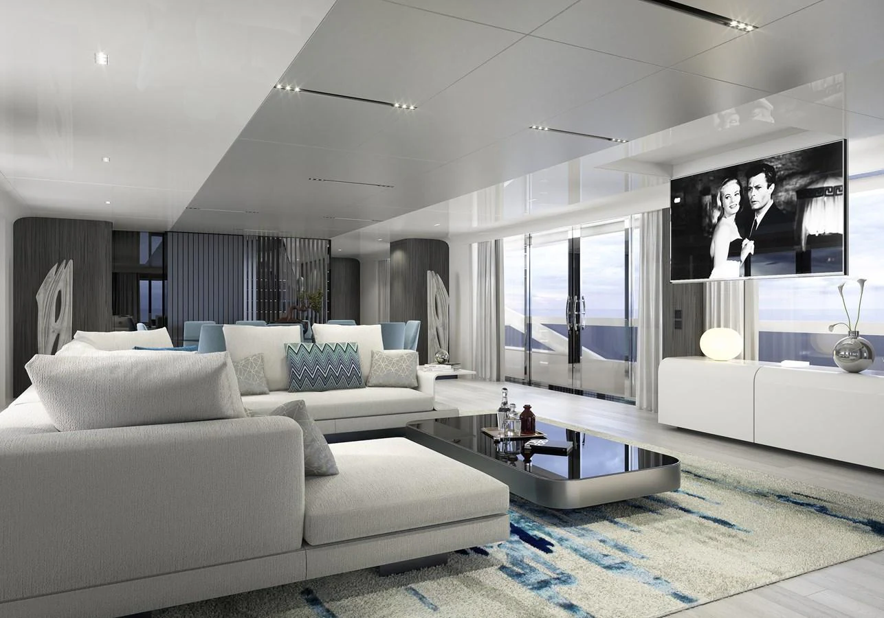 a living room with a large window aboard LEGASEA Yacht for Sale