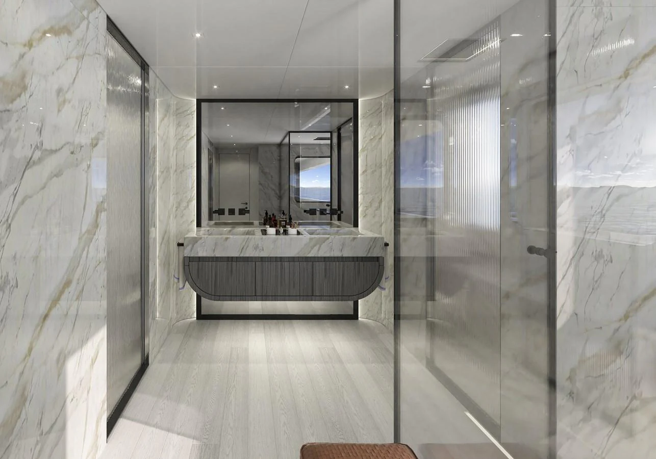 a bathroom with a large mirror aboard LEGASEA Yacht for Sale