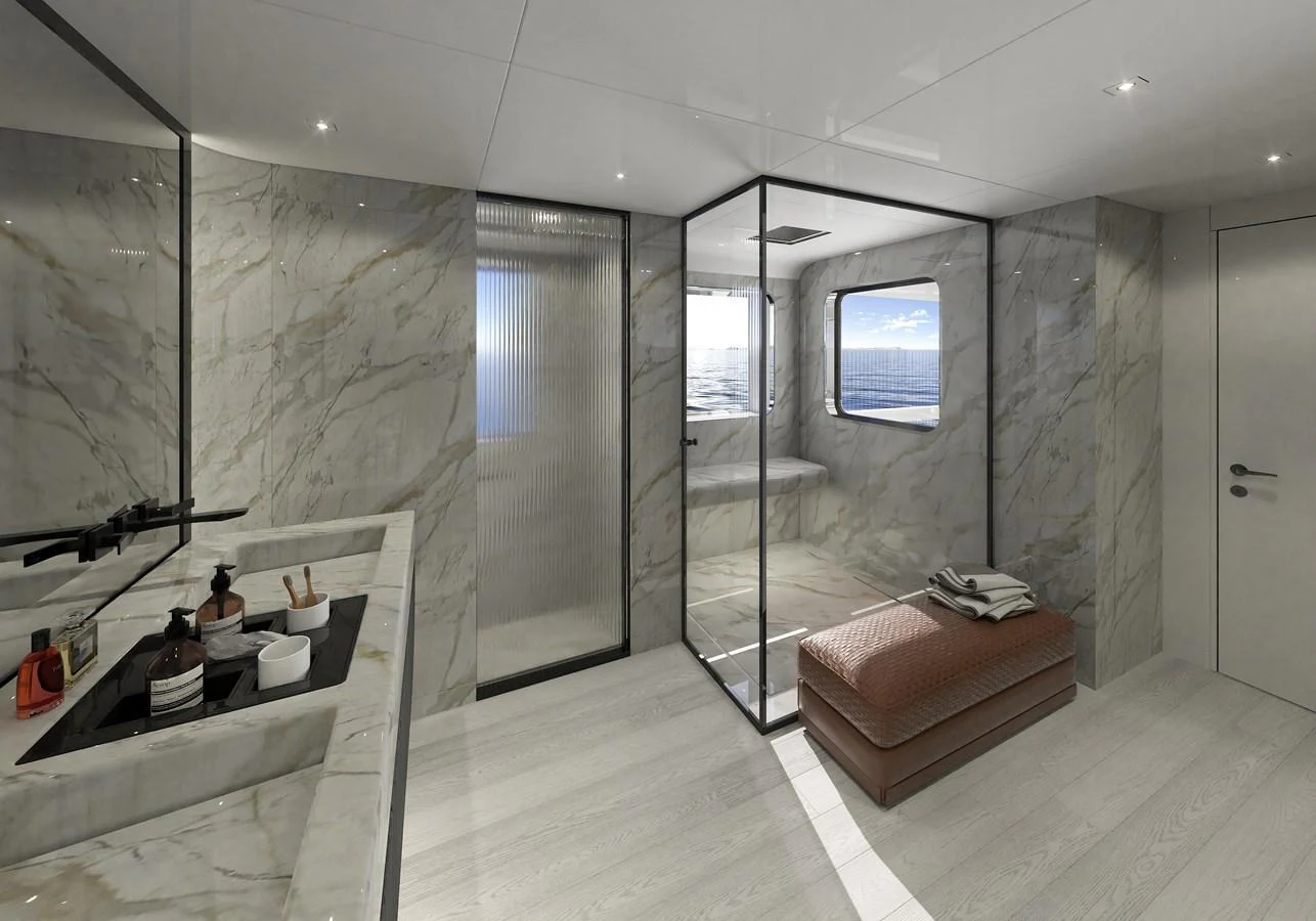 a bathroom with a large mirror aboard LEGASEA Yacht for Sale