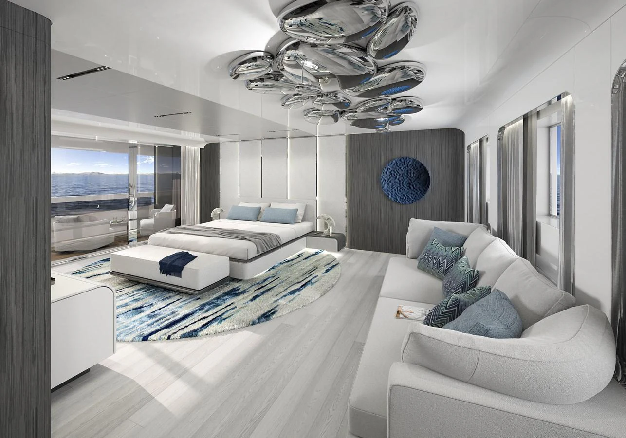 a living room with a large window aboard LEGASEA Yacht for Sale