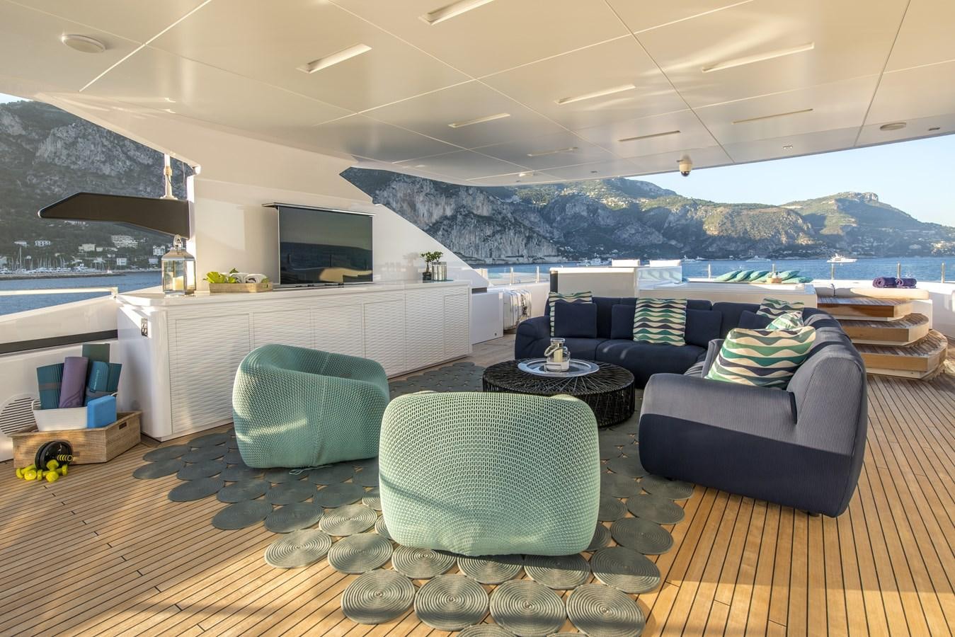 a living room with a large window aboard AXIOS Yacht for Sale