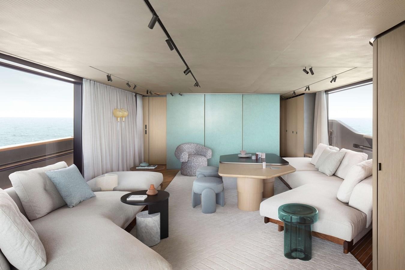 a living room with a couch and a table aboard LA BREZZA Yacht for Sale