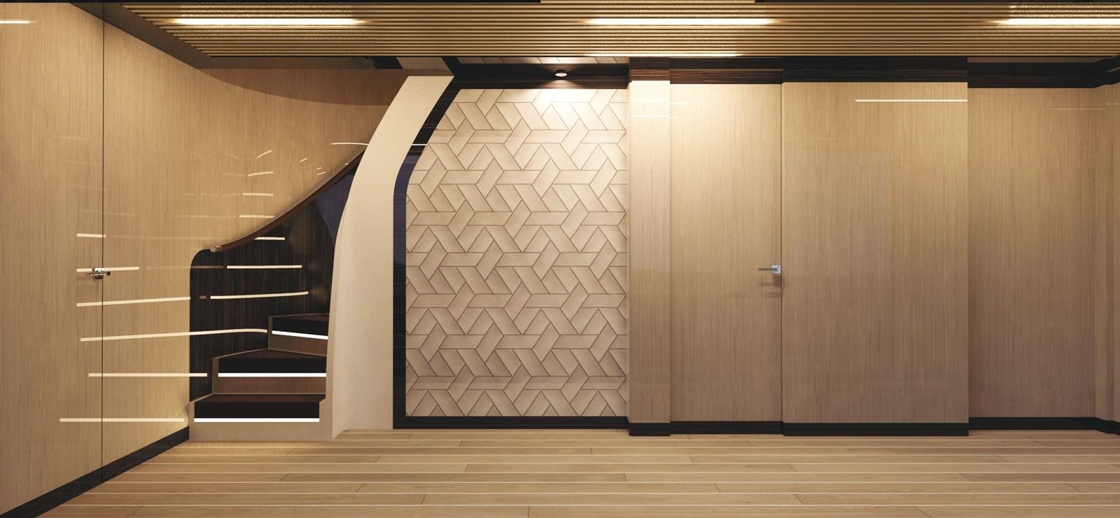 a room with a staircase and a white wall aboard IRISH REBEL Yacht for Sale