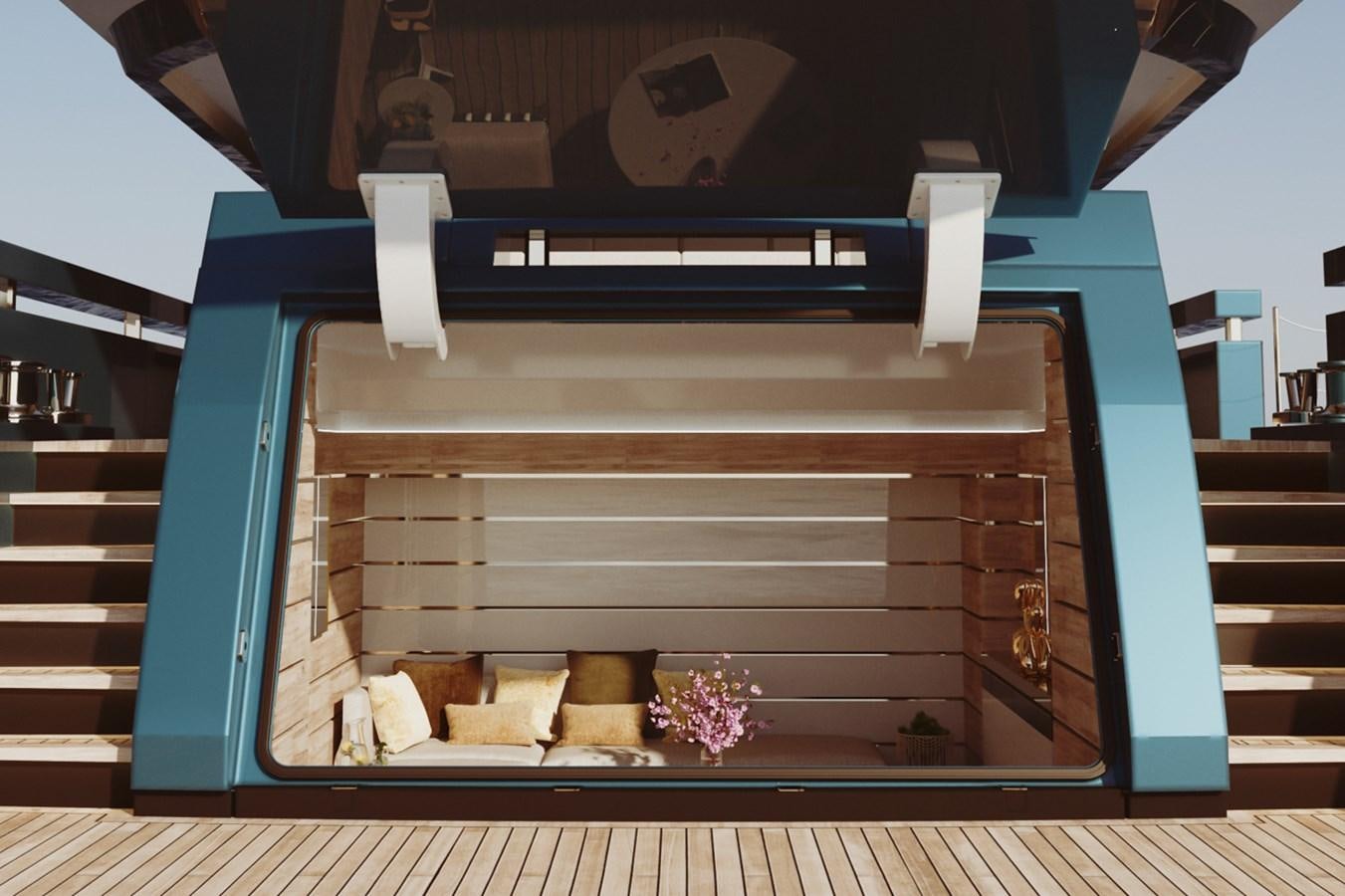 a room with a wood cabinet and a shelf with white boxes on it aboard AES NB 066 Yacht for Sale