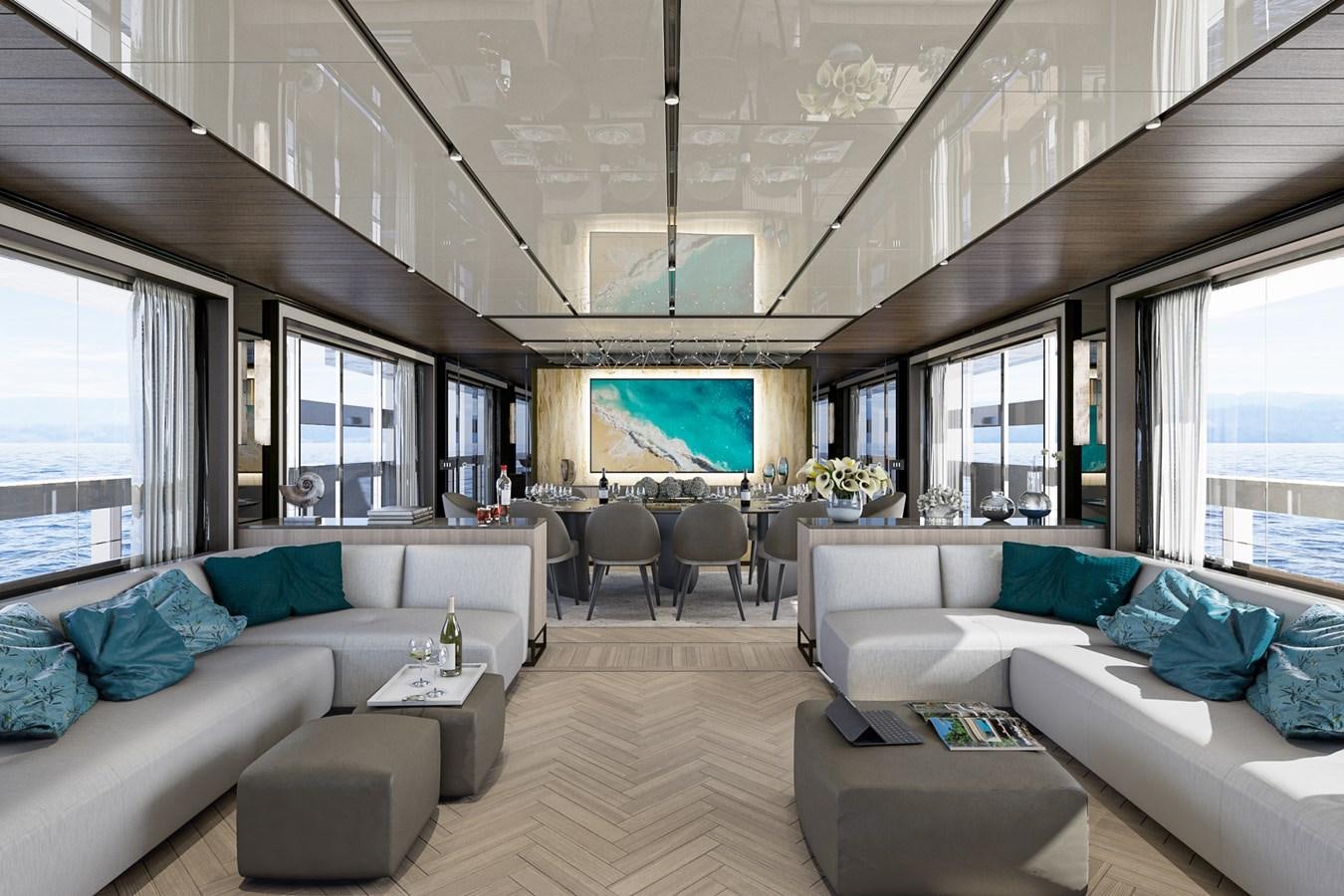 a living room with a large window aboard AES NB 066 Yacht for Sale