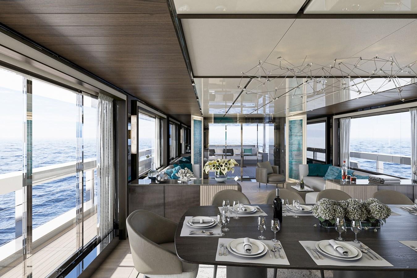 a large dining room with a large window aboard AES NB 066 Yacht for Sale