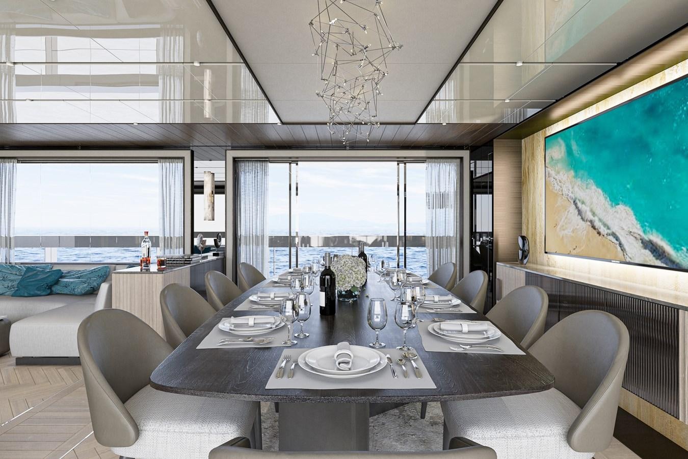 a dining room with a large window aboard AES NB 066 Yacht for Sale