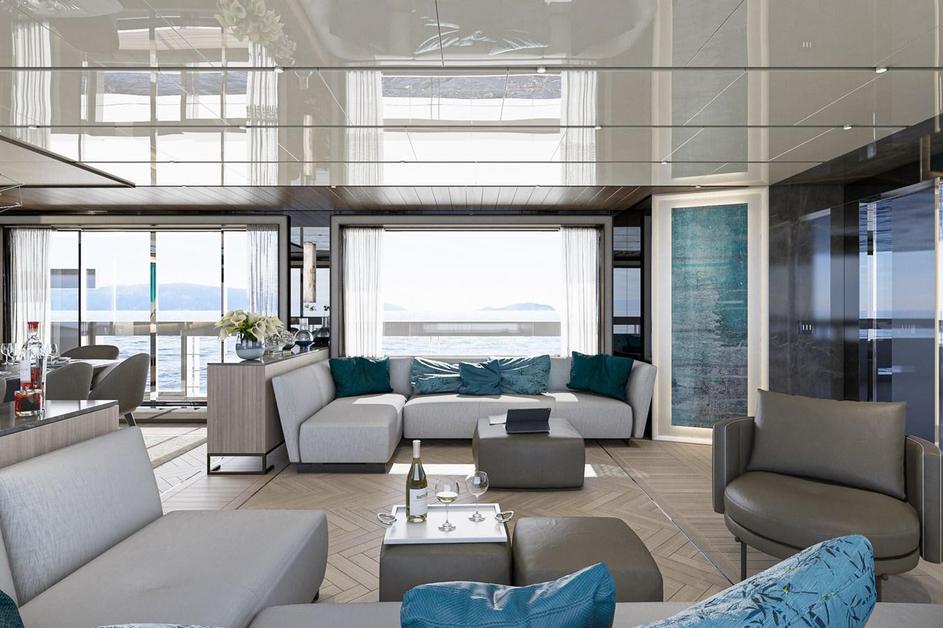 a living room with a large window aboard AES NB 066 Yacht for Sale