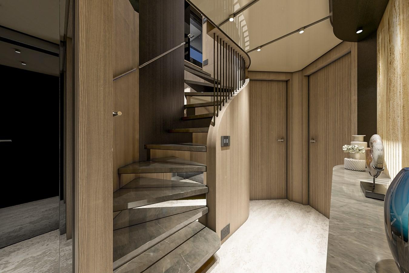 a wooden staircase in a room aboard AES NB 066 Yacht for Sale