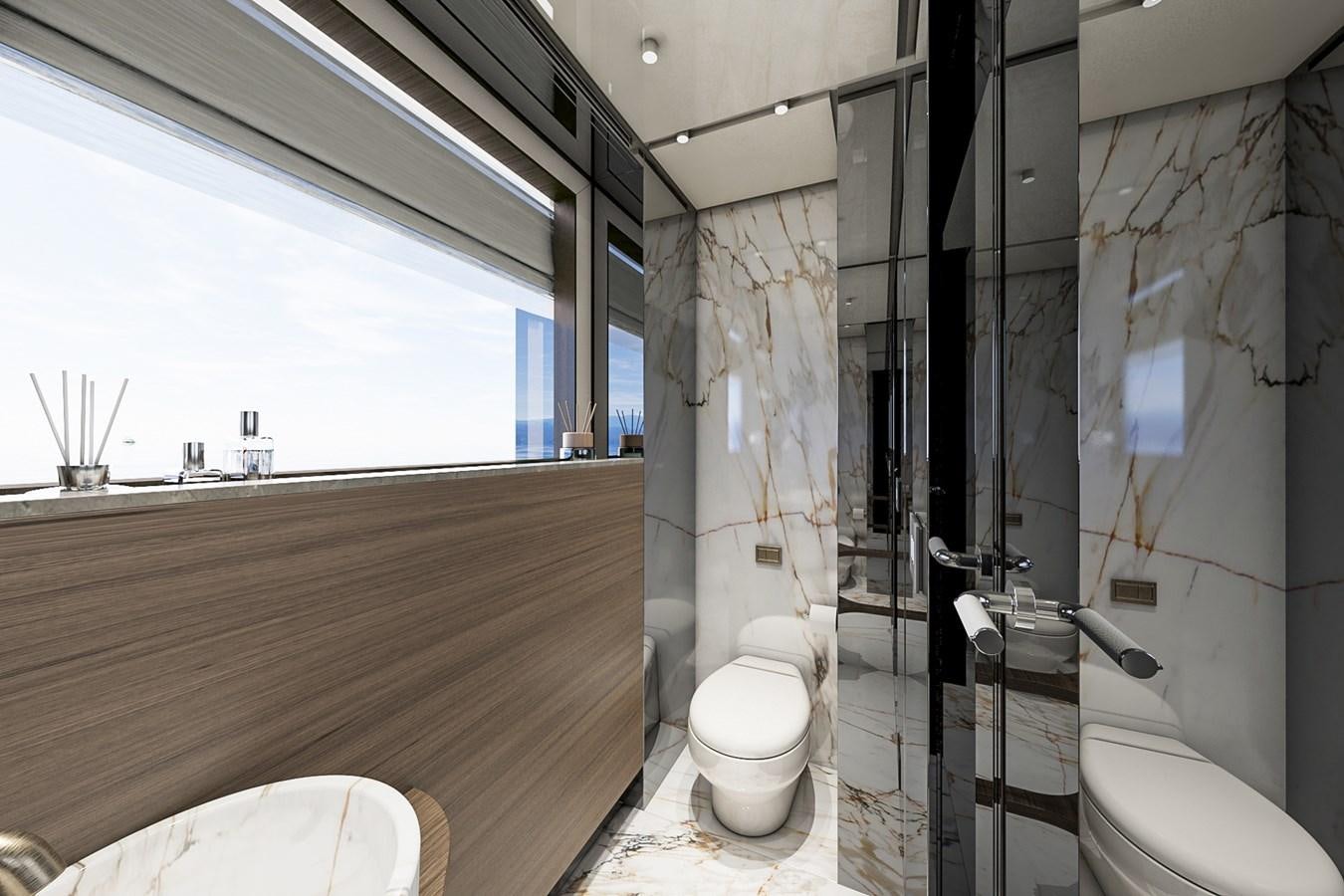 a bathroom with a toilet and a shower aboard AES NB 066 Yacht for Sale
