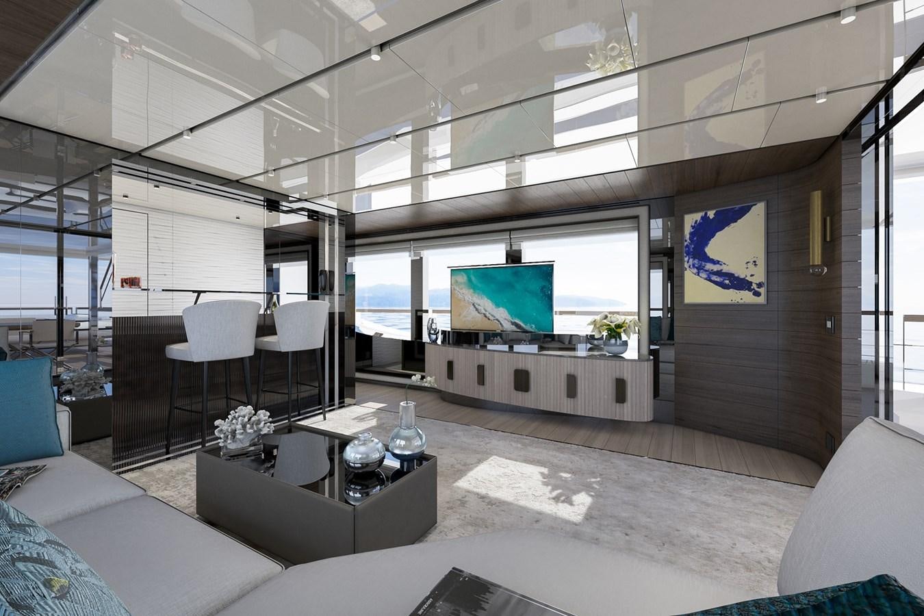 a room with a couch and a tv aboard AES NB 066 Yacht for Sale