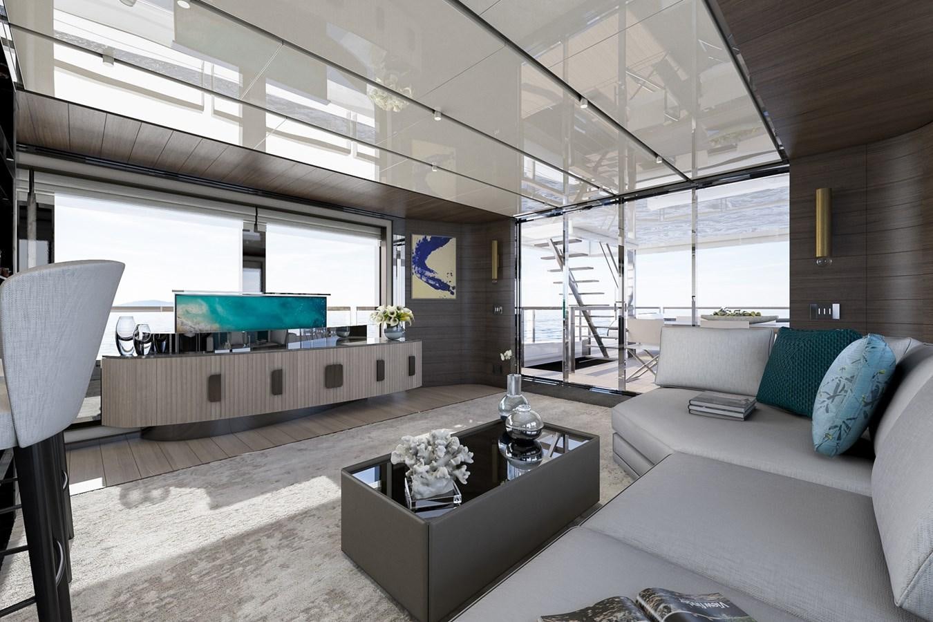 a living room with a large window aboard AES NB 066 Yacht for Sale