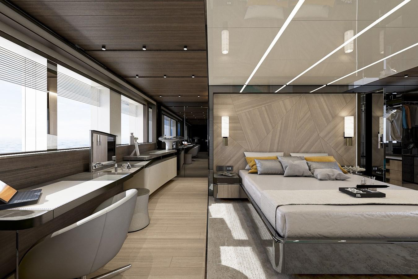 a room with a bed and desk aboard AES NB 066 Yacht for Sale