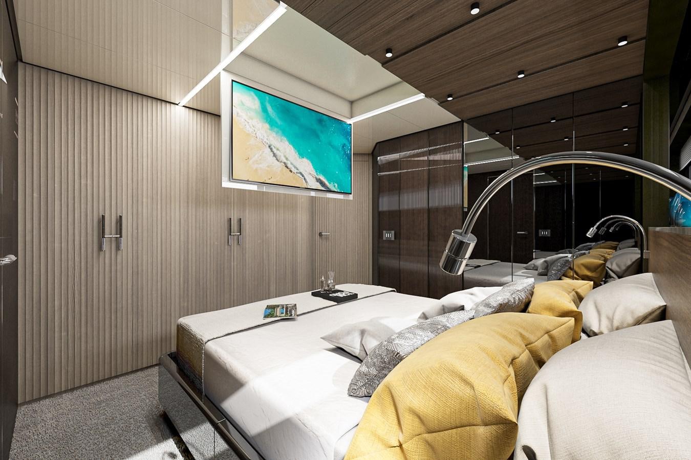 a bed with a television on the wall aboard AES NB 066 Yacht for Sale