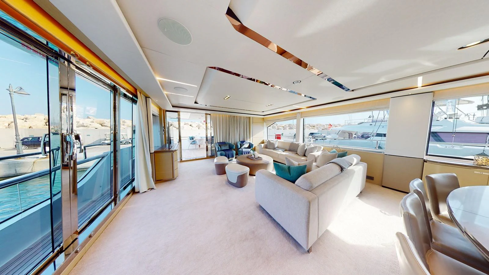 a living room with a large open window aboard HALLELUJAH Yacht for Charter