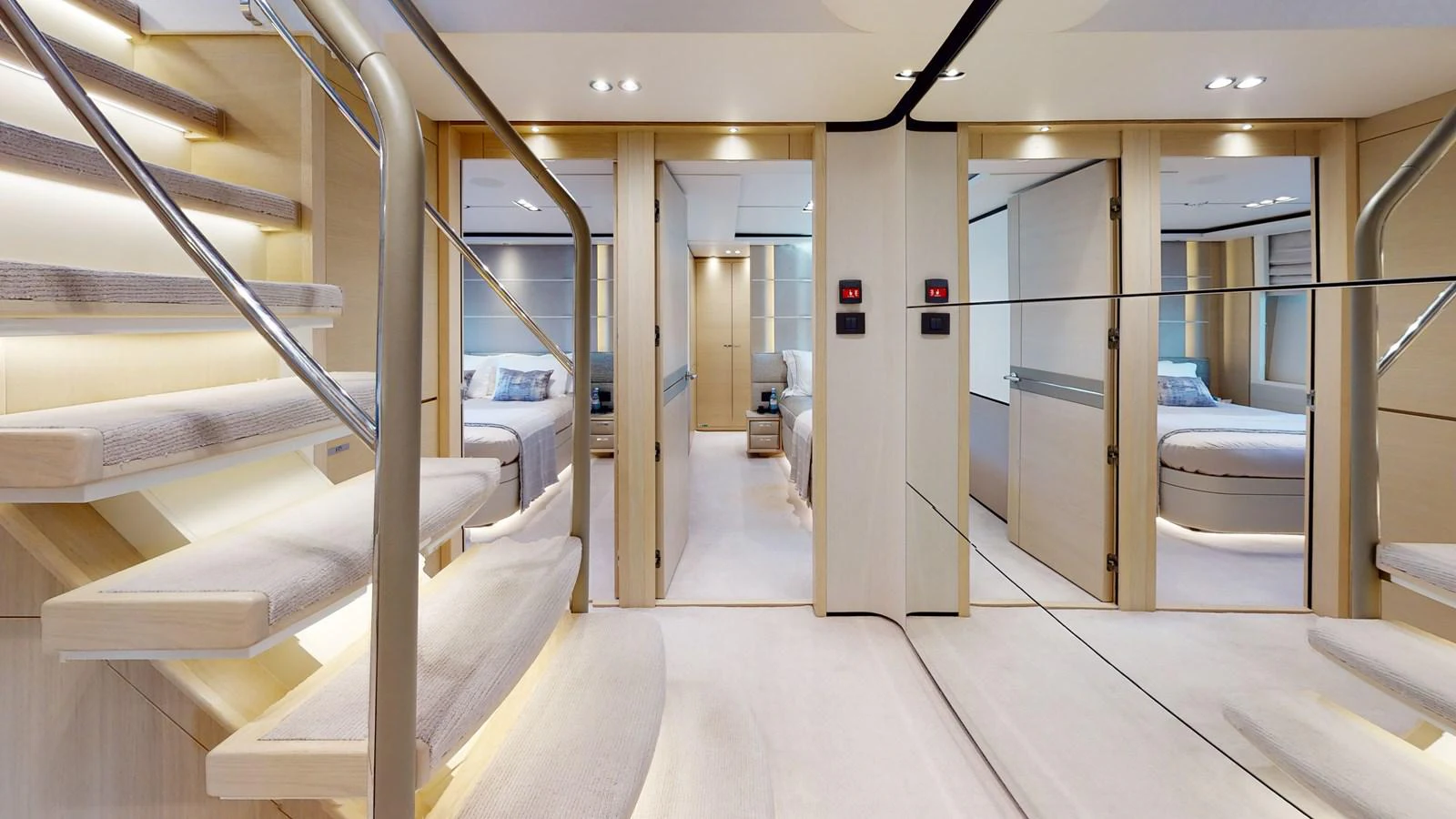 a room with white walls and a staircase aboard HALLELUJAH Yacht for Charter