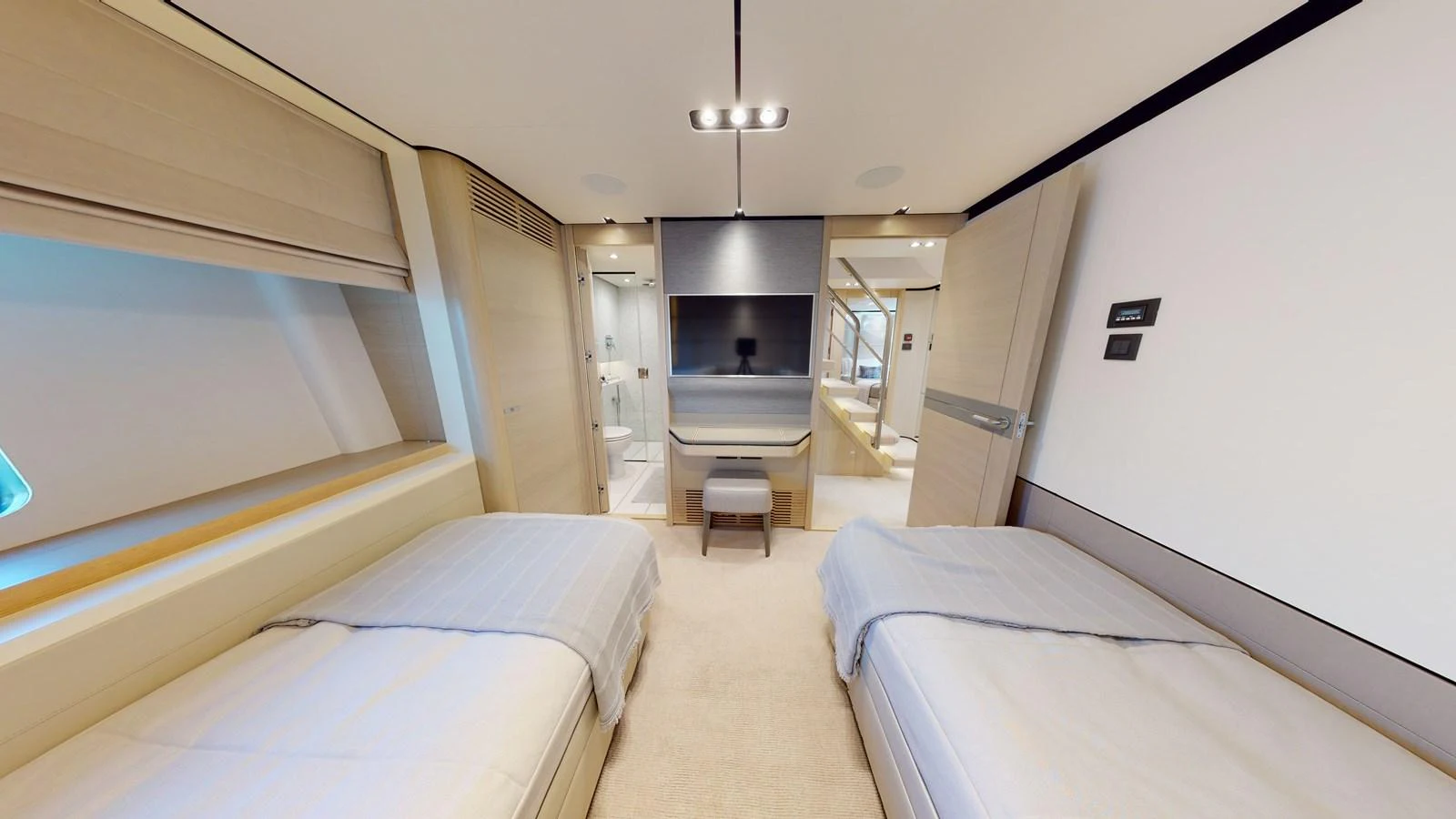 a room with a bed and a table aboard HALLELUJAH Yacht for Charter