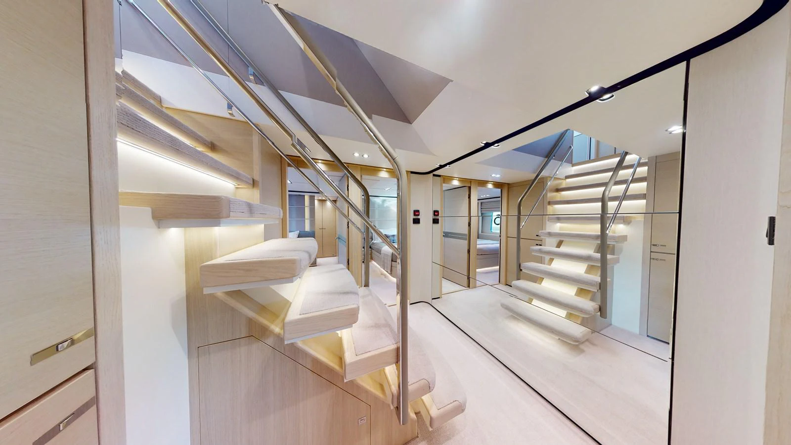 a hallway with white walls aboard HALLELUJAH Yacht for Charter