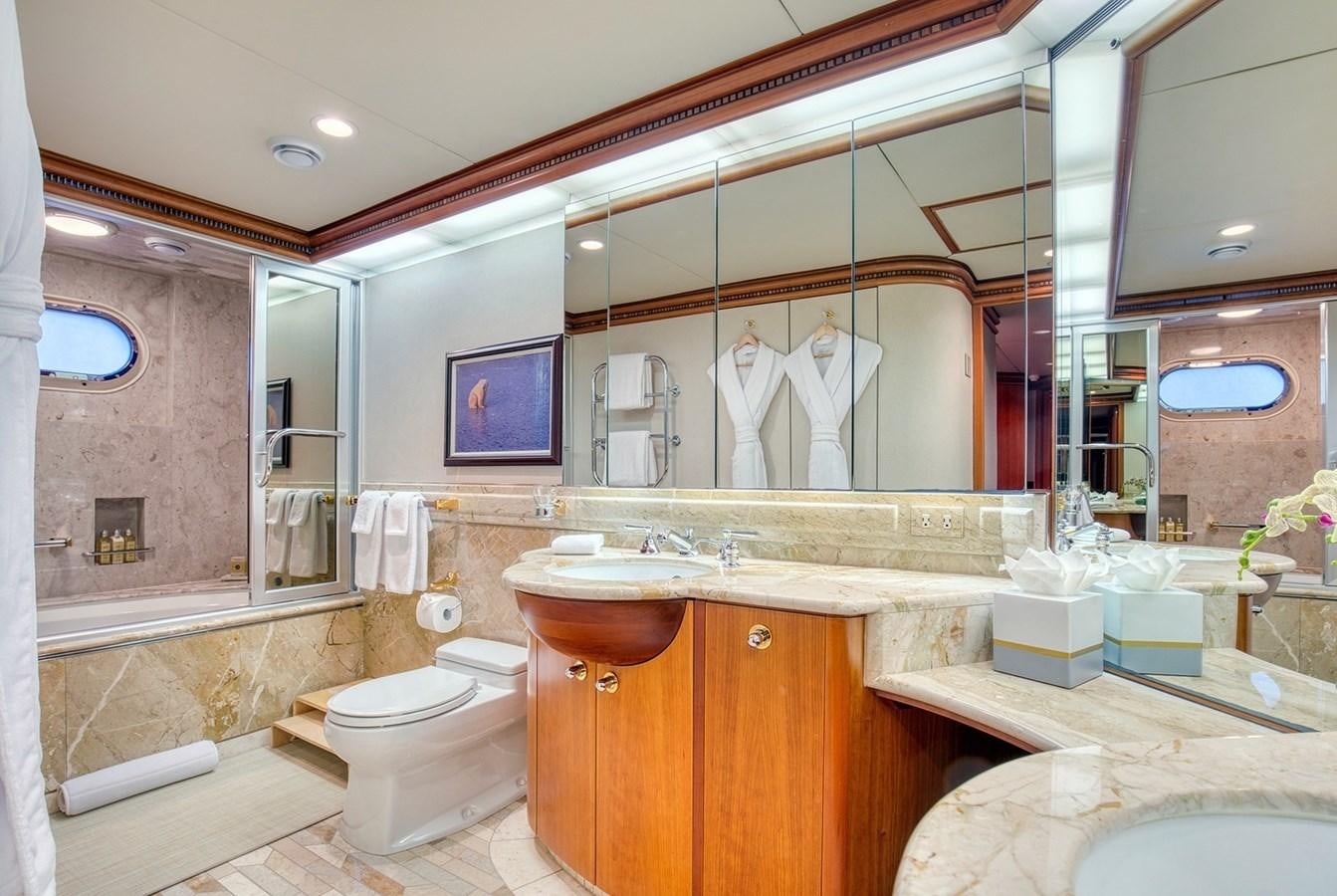 a bathroom with a large mirror aboard ICE BEAR Yacht for Sale