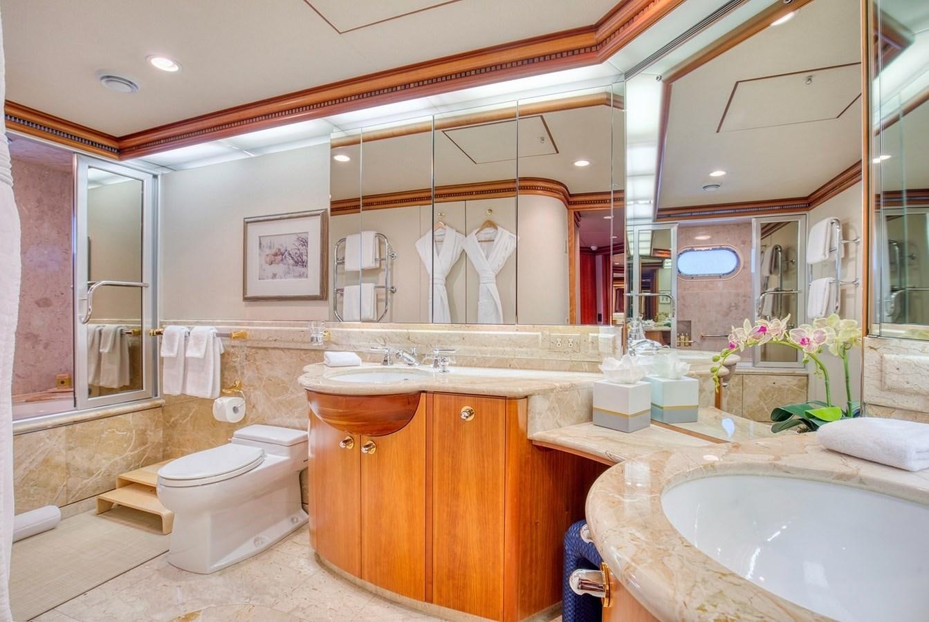 a bathroom with a large mirror aboard ICE BEAR Yacht for Sale