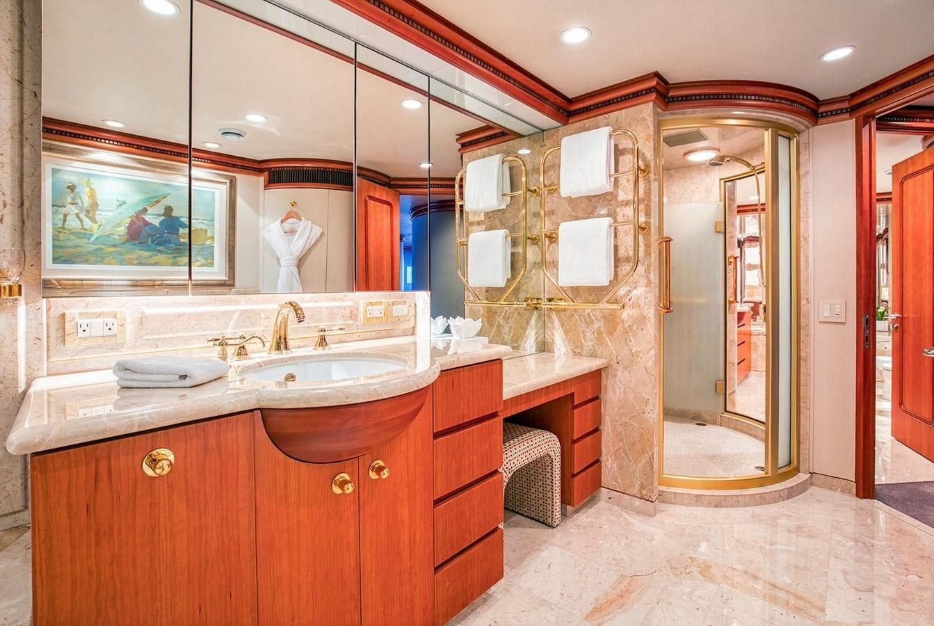 a bathroom with a large mirror aboard ICE BEAR Yacht for Sale