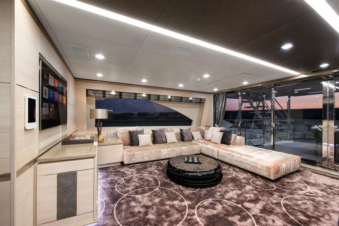 a living room with a large screen aboard CHARADE Yacht for Sale