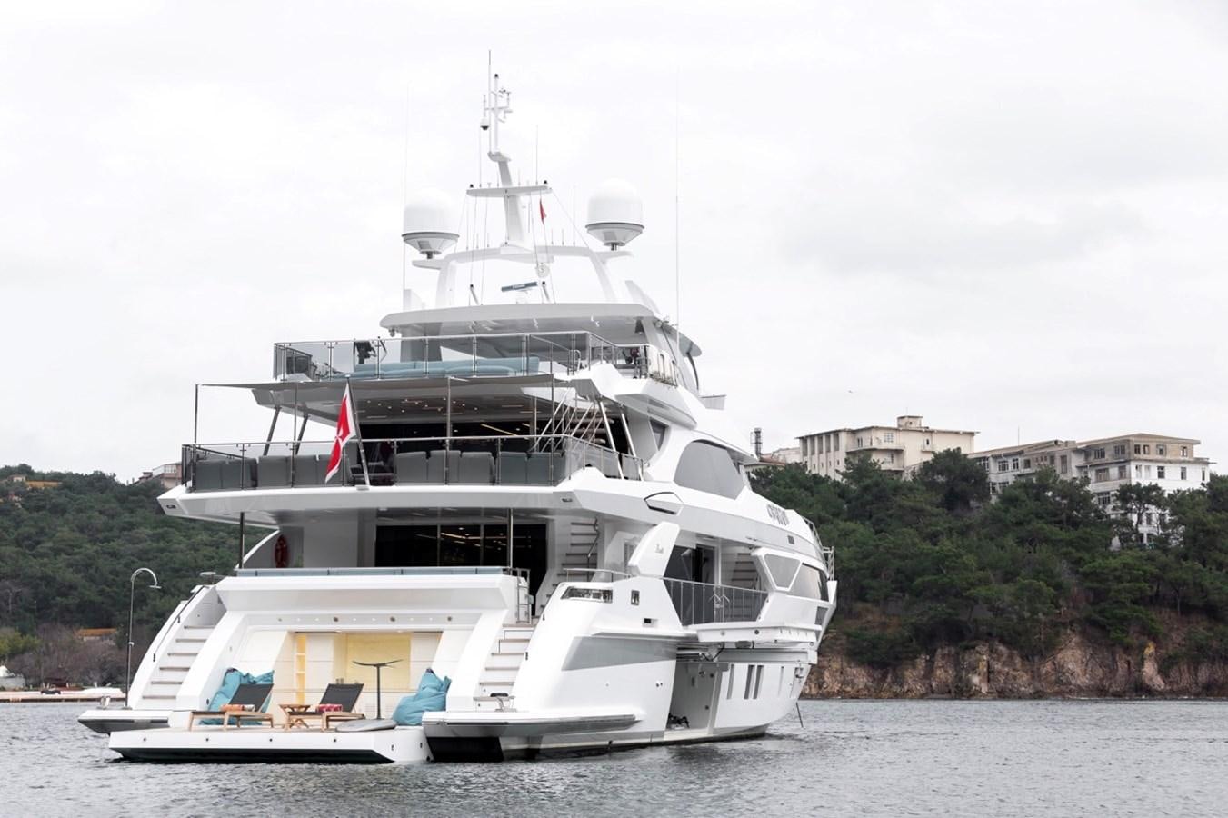 a large white boat in the water aboard CHARADE Yacht for Sale