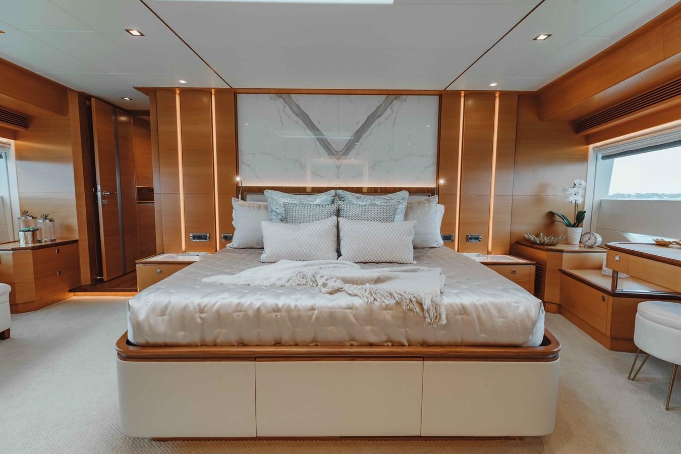 a bed in a room aboard MIDNIGHT MOON Yacht for Sale