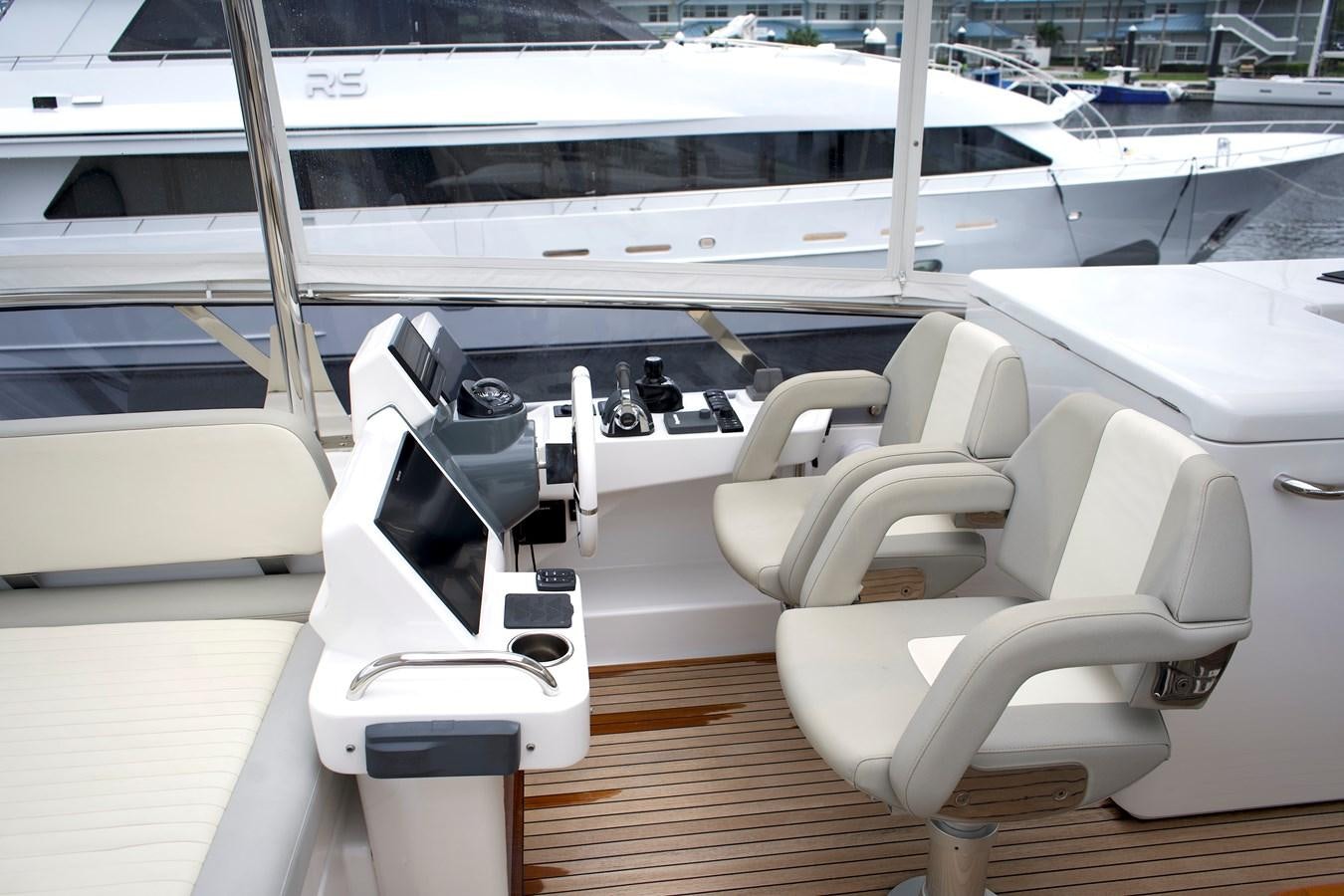 a boat deck with white chairs aboard RAINBOW GODDESS Yacht for Sale