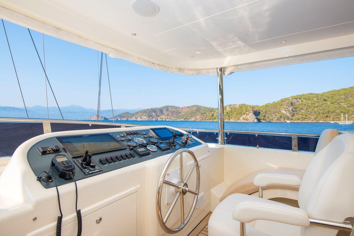 a boat with a keyboard and a steering wheel on the front aboard MOTORSAILOR 41M Yacht for Sale