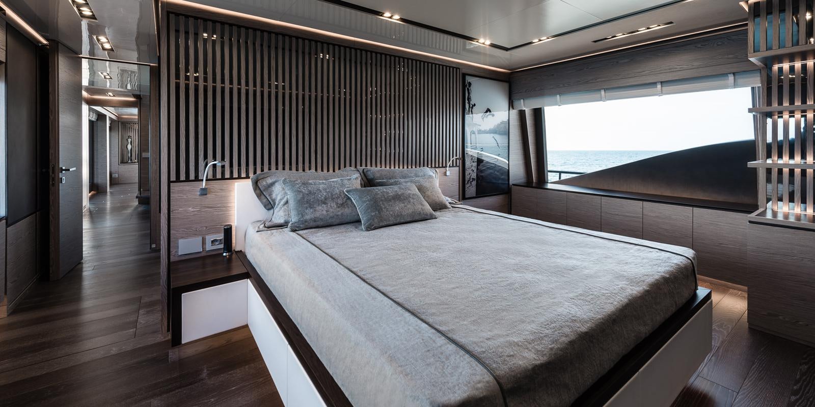 a bed in a room aboard ZOUT Yacht for Sale