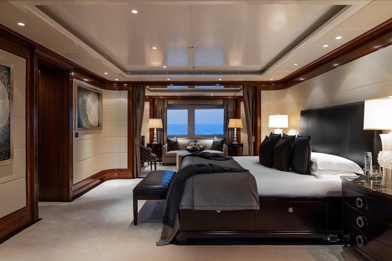 a large bedroom with a large bed aboard SEANNA Yacht for Sale