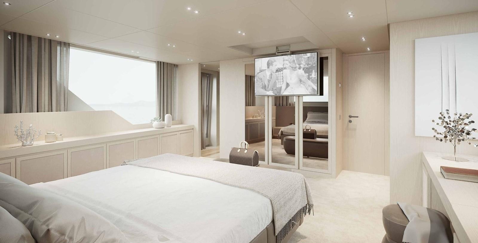a large white bedroom with a piano aboard SANLORENZO SX112/120 Yacht for Sale