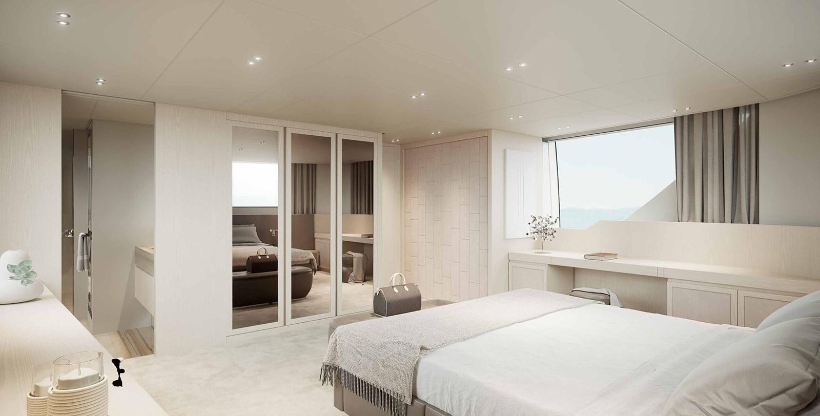 a bedroom with a bed and a door open aboard SANLORENZO SX112/120 Yacht for Sale