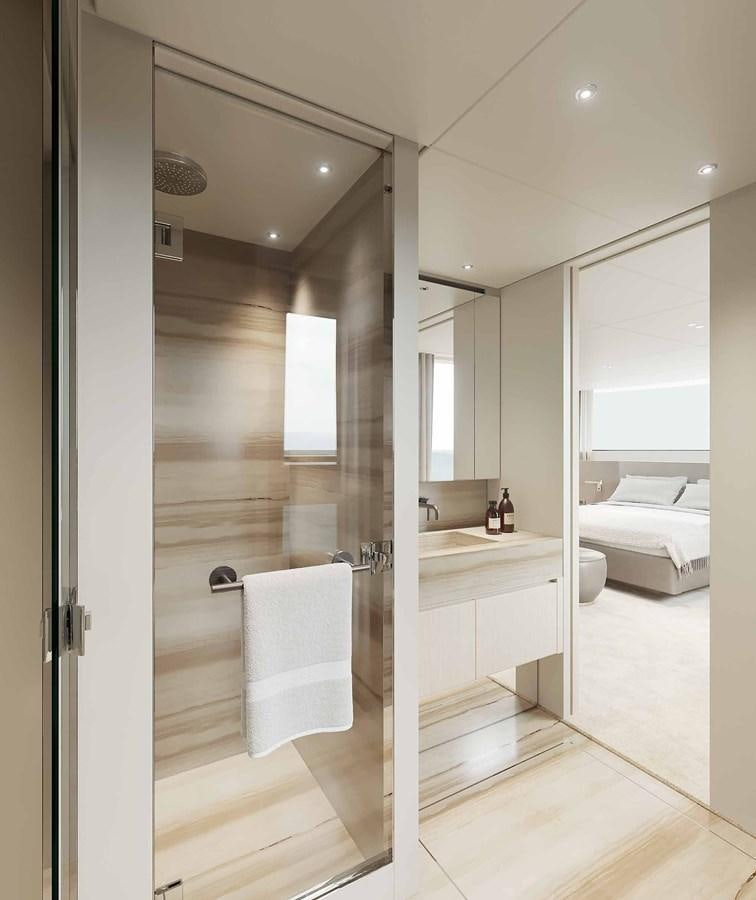 a bathroom with a glass shower aboard SANLORENZO SX112/120 Yacht for Sale