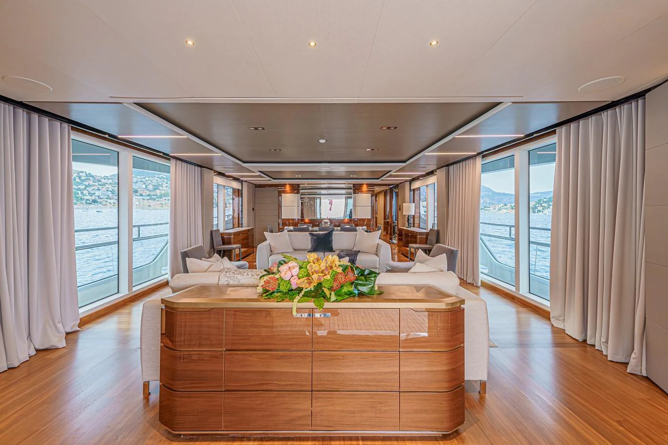 a living room with a large window aboard AVALON Yacht for Sale