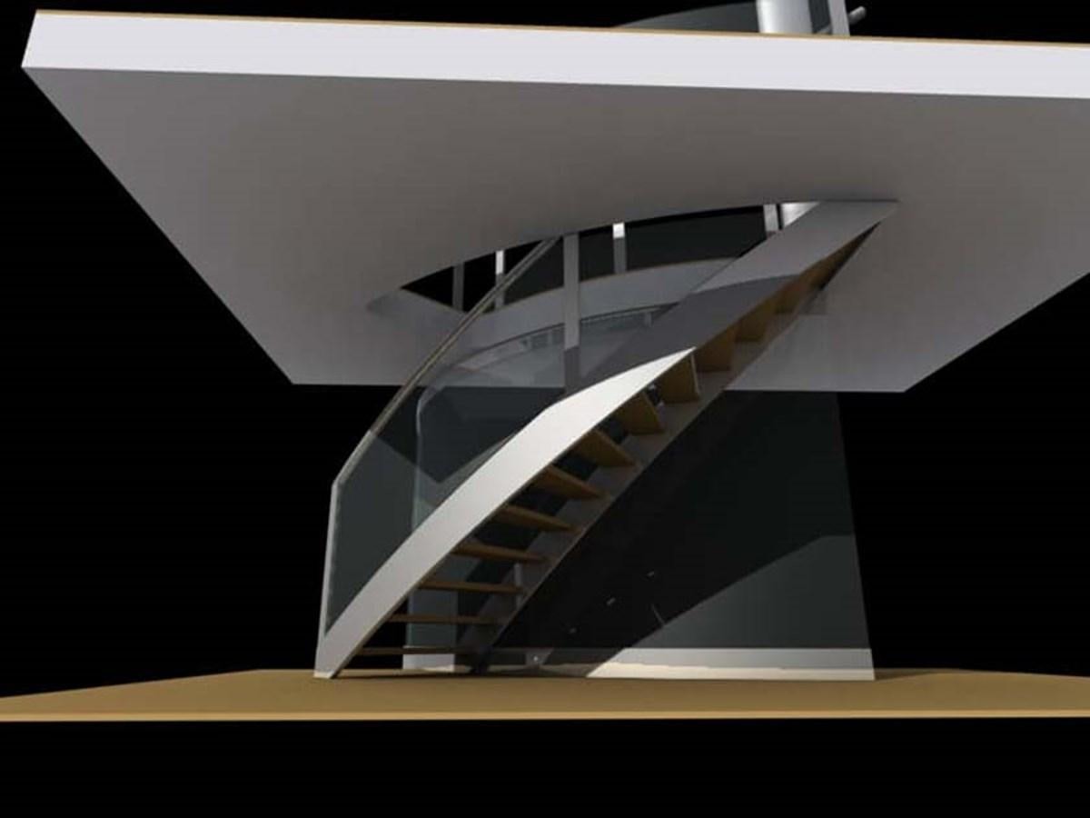 a spiral staircase in a room aboard PHEROUSA Yacht for Sale